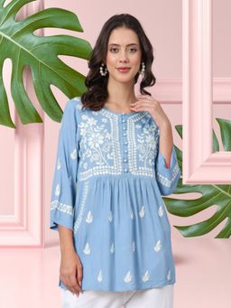 PARAMOUNT CHIKAN - Blue Ethnic Motifs Embroidered Lucknowi Chikankari Kurti