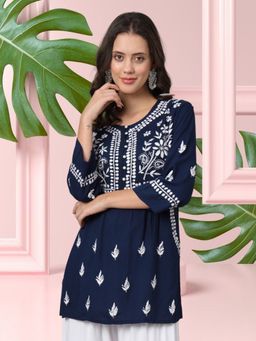 PARAMOUNT CHIKAN - Navy Blue Ethnic Motifs Embroidered Lucknowi Chikankari Kurti