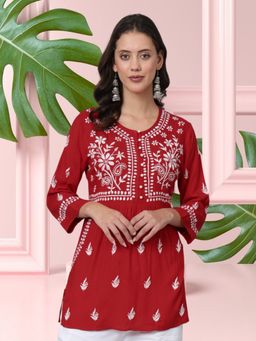 PARAMOUNT CHIKAN - Red Ethnic Motifs Embroidered Lucknowi Chikankari Kurti