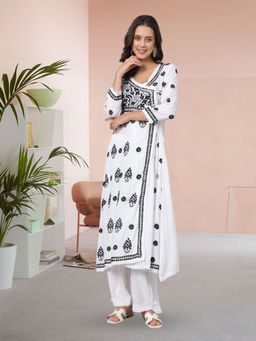 PARAMOUNT CHIKAN - White Embroidered Angrakha Kurta