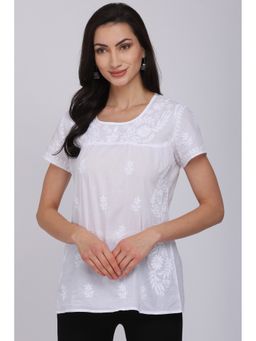 PARAMOUNT CHIKAN - Women White Floral Embroidered Chikankari Cotton Sustainable Top