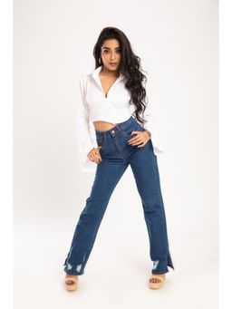 Off Duty India - Off Duty Distress Bottom Split High Waisted Straight Leg Jeans