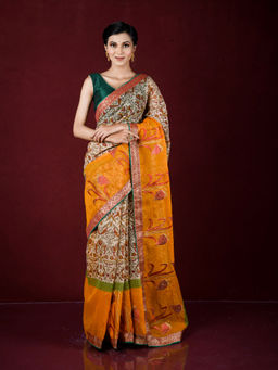 EXCLUSIVA - Yellow Printed Kota Silk Saree with Unstitched Blouse