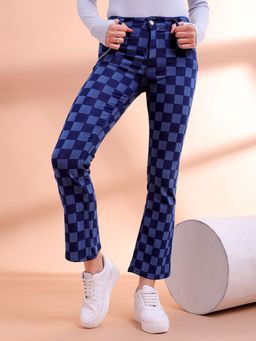 Freehand - Women Bootcut Laser Checkered Print Mid Waist Blue Jeans