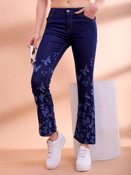 Freehand - Women Bootcut Laser Print Mid Waist Blue Jeans