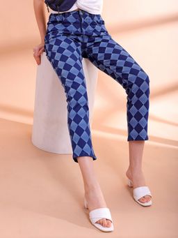 Freehand - Women Straight Fit Laser Checkered Print Mid Rise Blue Jeans