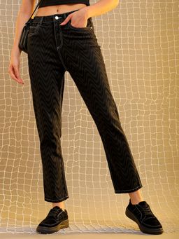 Freehand - Women Straight Fit Laser Geometric Print Mid Rise Grey Jeans