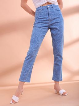 Freehand - Women Straight Fit Laser Animal Print Mid Rise Blue Jeans