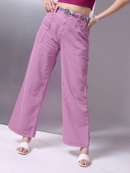 Freehand - Women Loose Fit Solid High Rise Overdyed Denim Cargo Purple Jeans