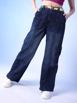 Freehand - Women Flared Solid High Rise Elasticated Waist Denim Cargo Blue Jeans