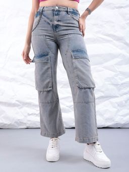 Freehand - Women Relaxed Fit Solid Mid Rise Denim Cargo Blue Jeans
