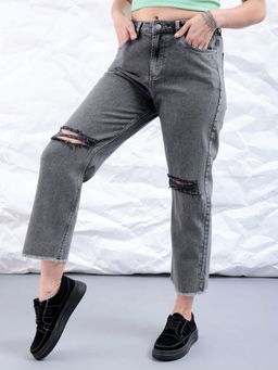Freehand - Women Straight Fit Solid Mid Rise Grey Jeans