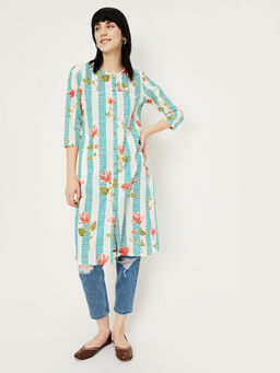 max - Aqua Cotton Blend Floral Print Kurta