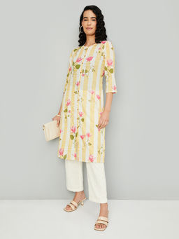 max - Yellow Cotton Blend Floral Print Kurta