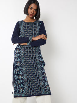 max - Navy Blue Acrylic Blend Knit Floral Print Kurta