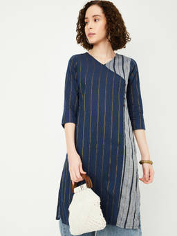 max - Indigo Cotton Blend Stripes Print Kurta