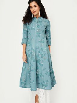 max - Blue Cotton Blend Floral Print Kurta