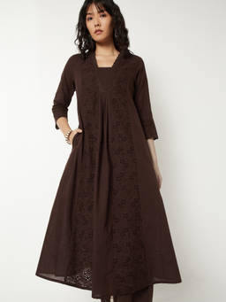 max - Brown Cotton Blend Self Design Kurta