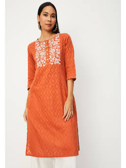 max - Rust Cotton Blend Embroidered Kurta