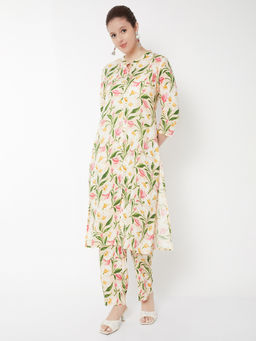 max - Beige Viscose Blend Floral Print Kurta