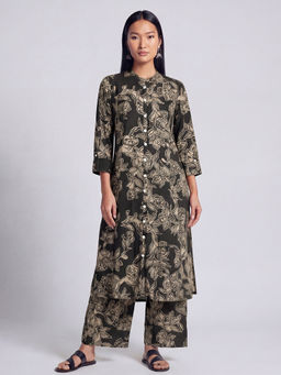 max - Black Viscose Blend Floral Print Kurta