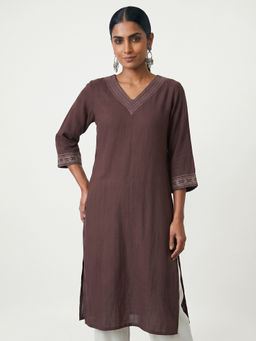 max - Brown Rayon Embroidered Kurta