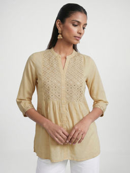 max - Beige Cotton Blend Embroidered Kurti