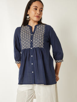 max - Indigo Cotton Blend Embroidered Kurti