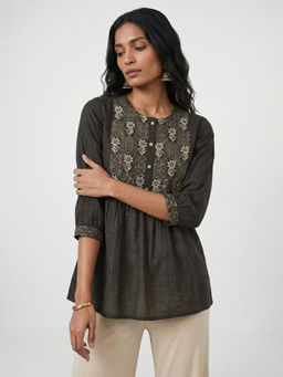 max - Grey Cotton Blend Embroidered Kurti
