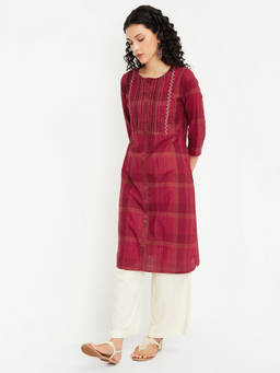 max - Maroon Cotton Blend Checks Print Kurta