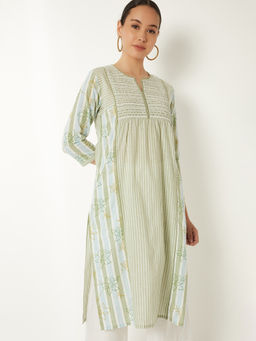 max - Green Cotton Blend Floral Print Kurta