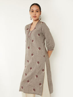 max - Grey Chambray Embroidered Kurta