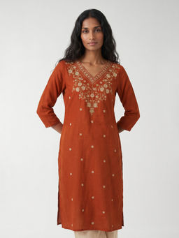max - Rust Cotton Blend Embroidered Kurta