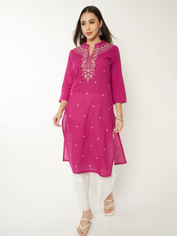 max - Pink Cotton Blend Embroidered Kurta