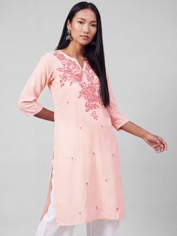 max - Peach Cotton Blend Embroidered Kurta