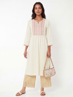 max - Off White Cotton Blend Embroidered Kurta