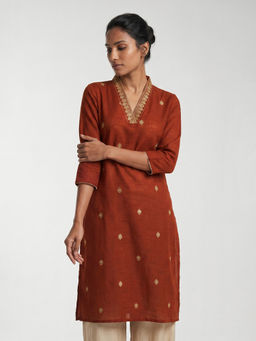 max - Rust Cotton Blend Embroidered Kurta