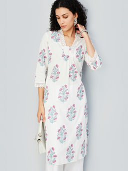 max - Off White Cambric Floral Print Kurta