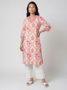 max - Pink Cotton Blend Floral Print Kurta