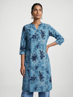 max - Blue Rayon Floral Print Kurta