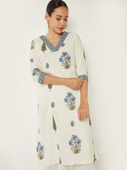 max - Off White Cotton Blend Floral Print Kurta