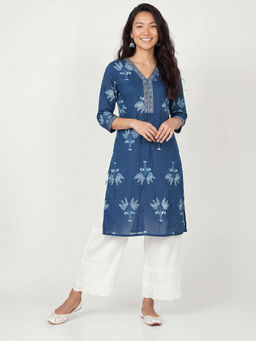 max - Indigo Cambric Floral Print Kurta