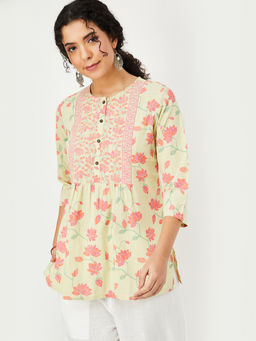 max - Green Cotton Blend Floral Print Kurti
