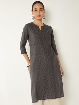 max - Grey Cotton Blend Embroidered Kurta