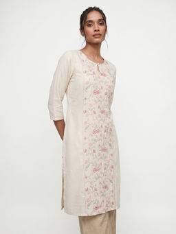 max - Beige Cotton Blend Embroidered Kurta