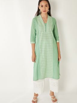 max - Green Cotton Blend Embroidered Kurta