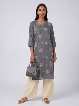 max - Grey Cotton Blend Embroidered Kurta