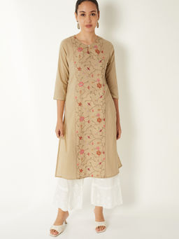 max - Beige Cotton Blend Embroidered Kurta