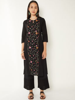 max - Black Cotton Blend Embroidered Kurta