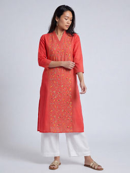 max - Red Cotton Blend Embroidered Kurta